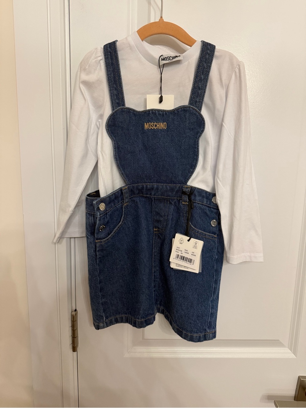 Moschino Blue Denim Bear Pinafore with White Top